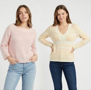 Tommy Bahama Women's V-Neck Sweaters in Blush and Pastel Yellow - Set 2
